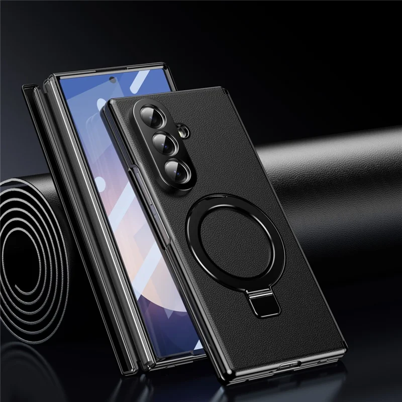 For Samsung Galaxy Z Fold7 5G Magnetic Case with Kickstand PU Leather Coated PC Phone Cover with Tempered Glass Screen Protector - Black