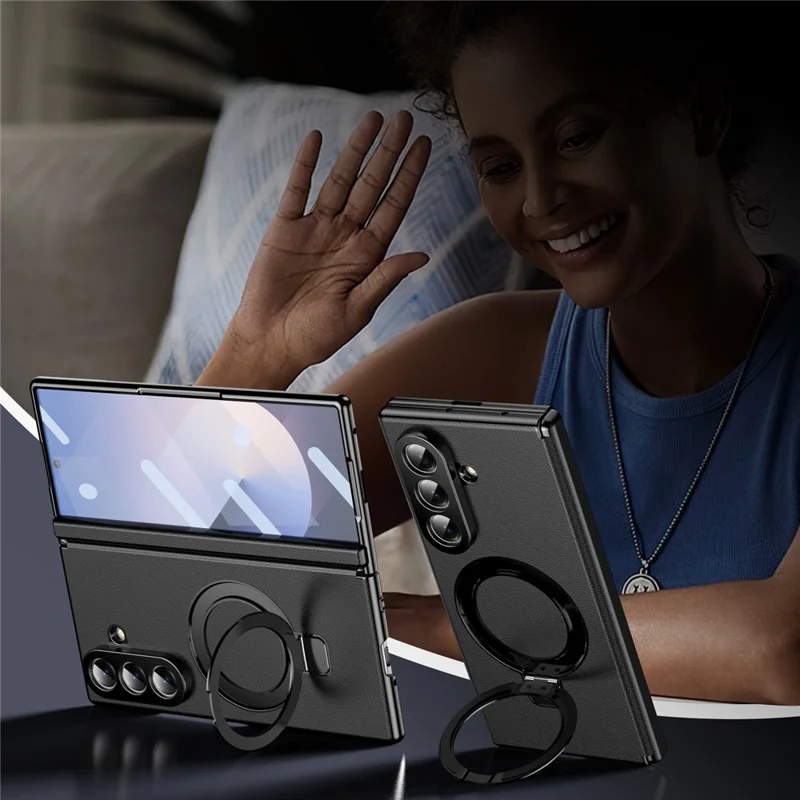 For Samsung Galaxy Z Fold7 5G Magnetic Case with Kickstand PU Leather Coated PC Phone Cover with Tempered Glass Screen Protector - Black