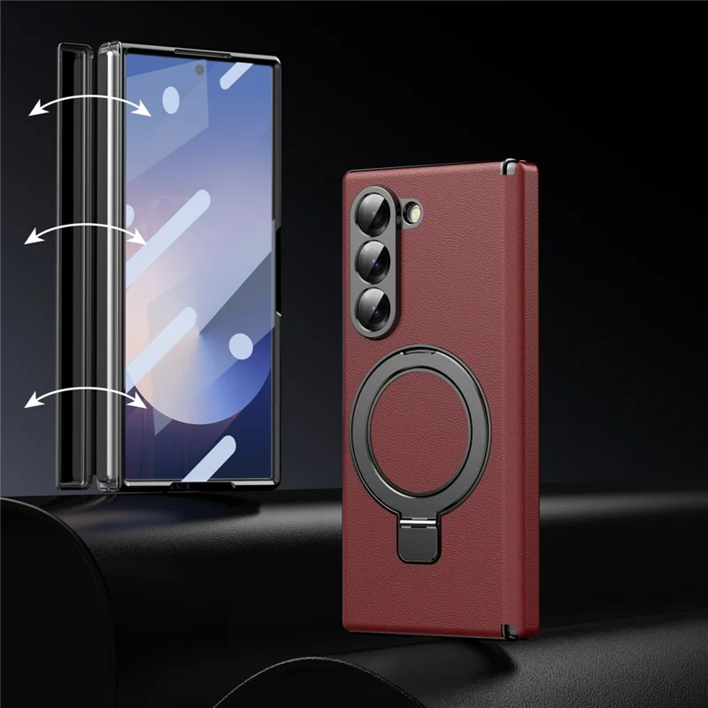 For Samsung Galaxy Z Fold6 5G Magnetic Case with Kickstand PU Leather Coated PC Phone Cover with Tempered Glass Screen Protector - Red