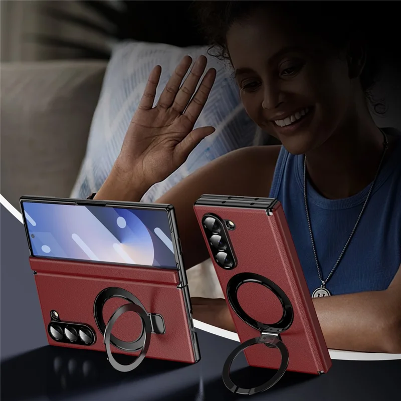 For Samsung Galaxy Z Fold6 5G Magnetic Case with Kickstand PU Leather Coated PC Phone Cover with Tempered Glass Screen Protector - Red