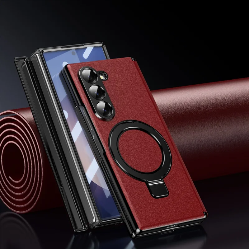 For Samsung Galaxy Z Fold6 5G Magnetic Case with Kickstand PU Leather Coated PC Phone Cover with Tempered Glass Screen Protector - Red