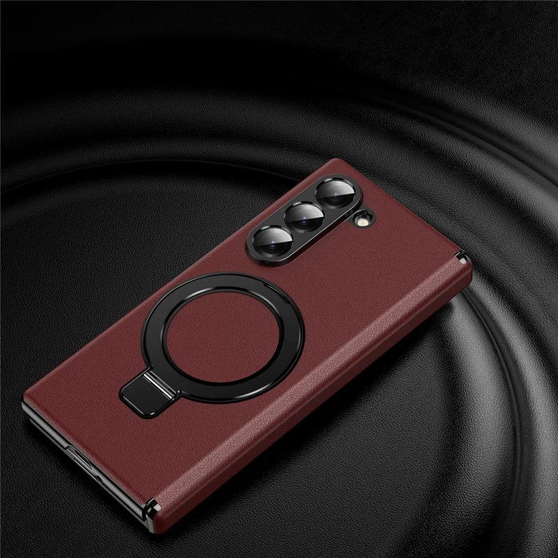 For Samsung Galaxy Z Fold6 5G Magnetic Case with Kickstand PU Leather Coated PC Phone Cover with Tempered Glass Screen Protector - Red