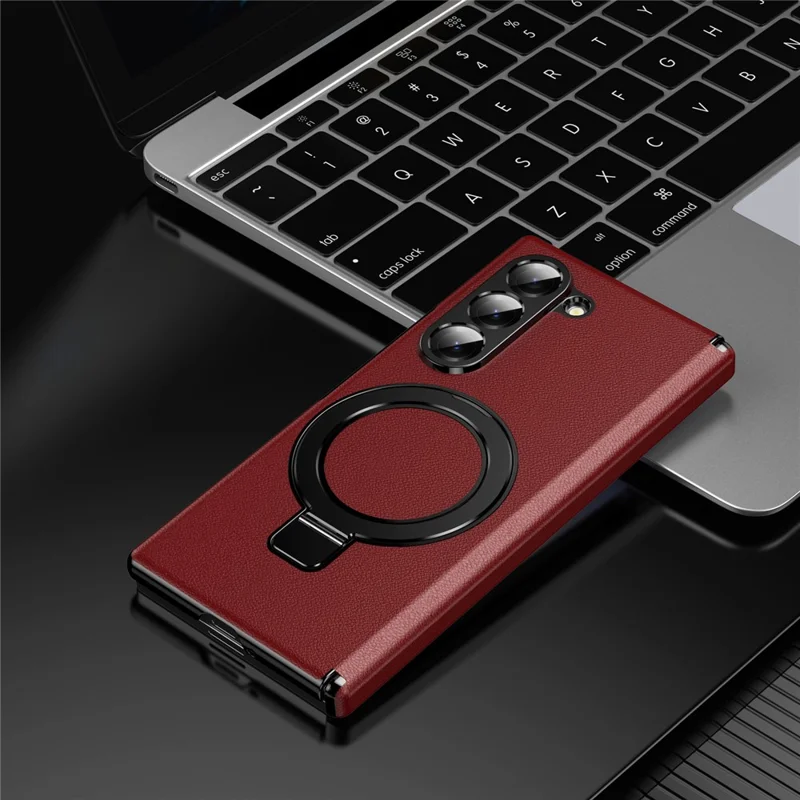 For Samsung Galaxy Z Fold6 5G Magnetic Case with Kickstand PU Leather Coated PC Phone Cover with Tempered Glass Screen Protector - Red