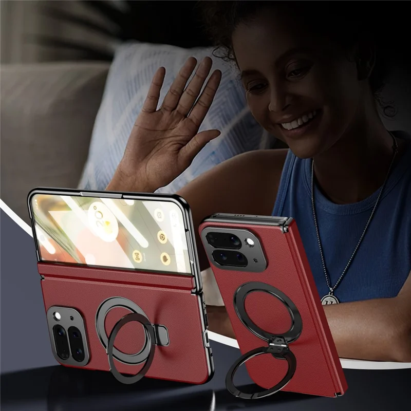 For Google Pixel 10 Pro Fold Magnetic Case with Kickstand PU Leather Coated PC Phone Cover with Tempered Glass Screen Protector - Red