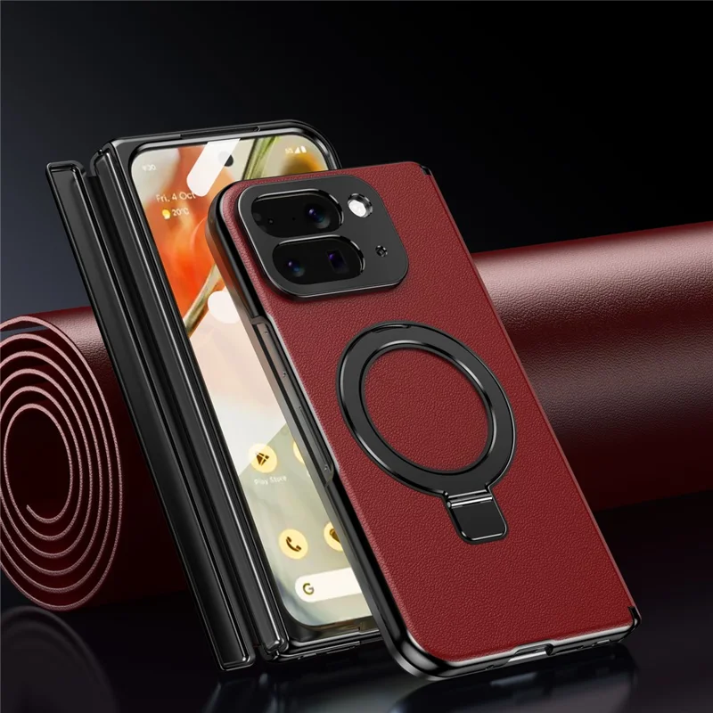 For Google Pixel 10 Pro Fold Magnetic Case with Kickstand PU Leather Coated PC Phone Cover with Tempered Glass Screen Protector - Red