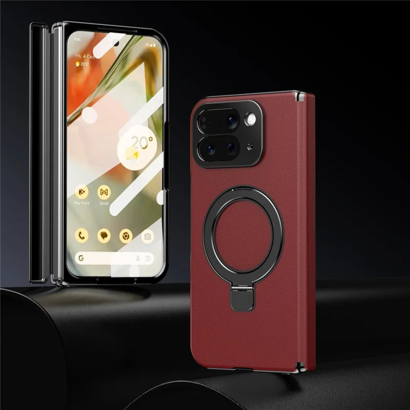 For Google Pixel 10 Pro Fold Magnetic Case with Kickstand PU Leather Coated PC Phone Cover with Tempered Glass Screen Protector - Red