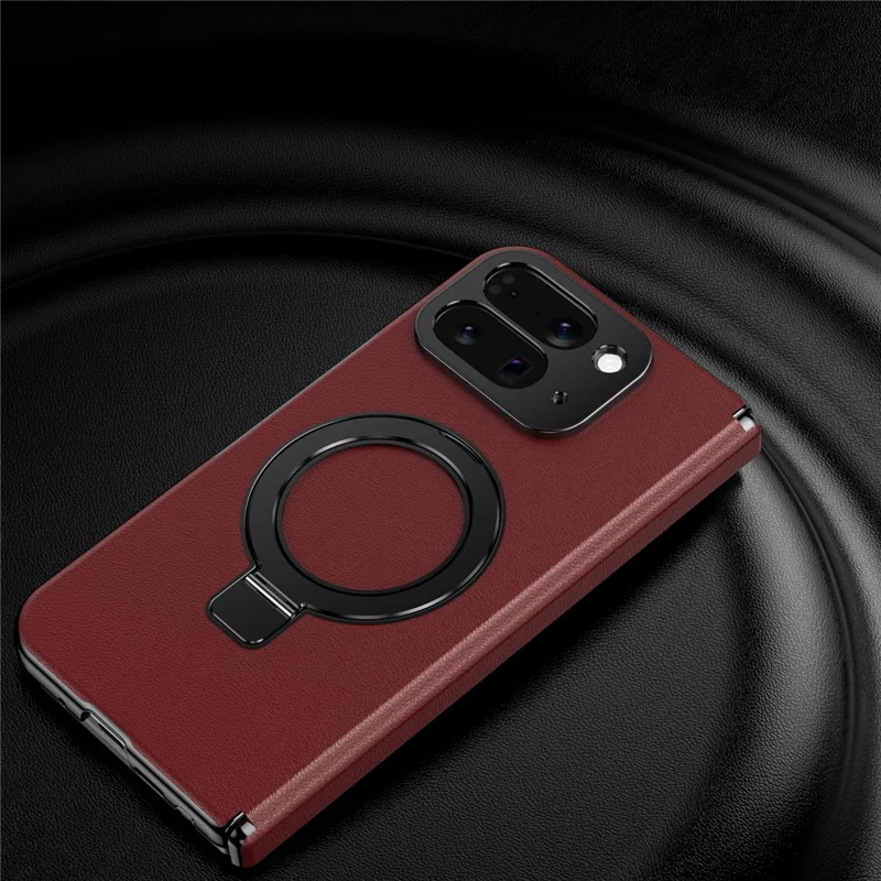 For Google Pixel 10 Pro Fold Magnetic Case with Kickstand PU Leather Coated PC Phone Cover with Tempered Glass Screen Protector - Red