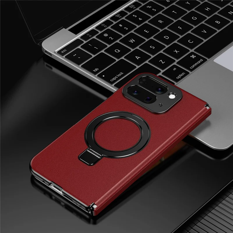 For Google Pixel 10 Pro Fold Magnetic Case with Kickstand PU Leather Coated PC Phone Cover with Tempered Glass Screen Protector - Red