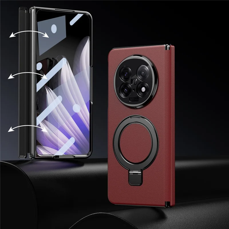 For Oppo Find N5 5G Magnetic Case with Kickstand PU Leather Coated PC Phone Cover with Tempered Glass Screen Protector - Red