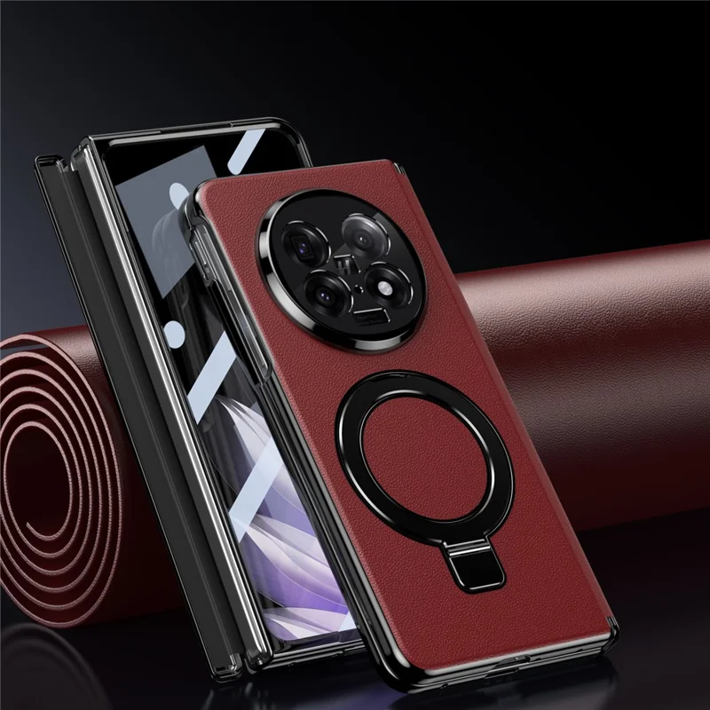 For Oppo Find N5 5G Magnetic Case with Kickstand PU Leather Coated PC Phone Cover with Tempered Glass Screen Protector - Red