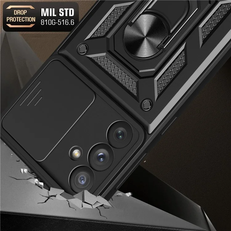 Custodia per telefono con supporto per anello e supporto per Samsung Galaxy A54 5G, cover in PC + TPU a prova di caduta con protezione scorrevole per la fotocamera - Nero