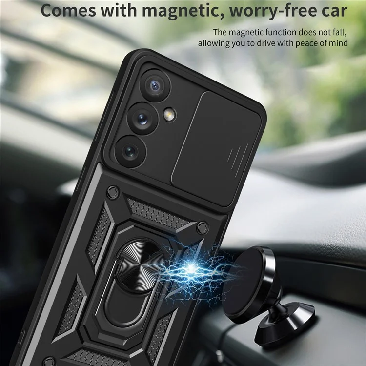 Custodia per telefono con supporto per anello e supporto per Samsung Galaxy A54 5G, cover in PC + TPU a prova di caduta con protezione scorrevole per la fotocamera - Nero