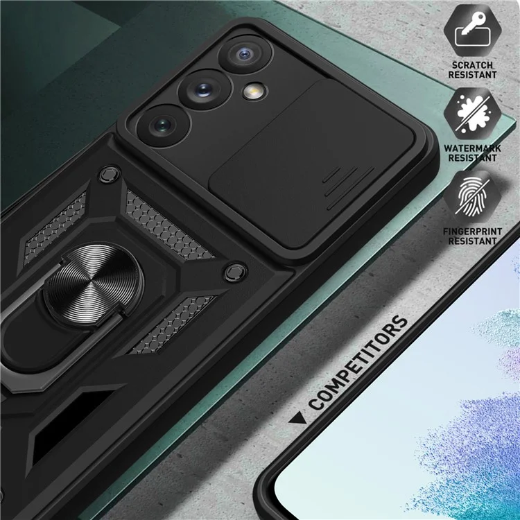 Custodia per telefono con supporto per anello e supporto per Samsung Galaxy A54 5G, cover in PC + TPU a prova di caduta con protezione scorrevole per la fotocamera - Nero