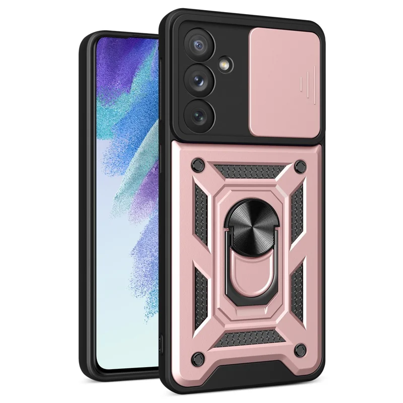 Ring Holder Kickstand Phone Case for Samsung Galaxy A54 5G, PC + TPU Drop-proof Cover with Slide Camera Protector - Rose Gold