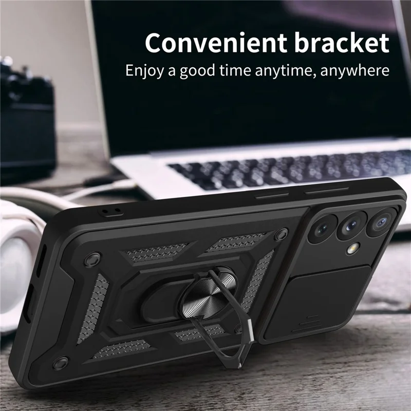 Ring Holder Kickstand Phone Case for Samsung Galaxy A54 5G, PC + TPU Drop-proof Cover with Slide Camera Protector - Rose Gold