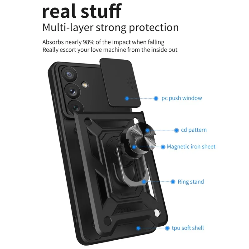 Ring Holder Kickstand Phone Case for Samsung Galaxy A54 5G, PC + TPU Drop-proof Cover with Slide Camera Protector - Rose Gold