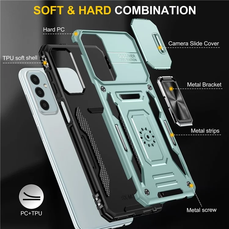 Armor Series for Samsung Galaxy M23 5G / F23 5G / M13 4G PC + TPU Anti-Scratch Phone Case Slide Camera Protection Kickstand Shockproof Cover - Green