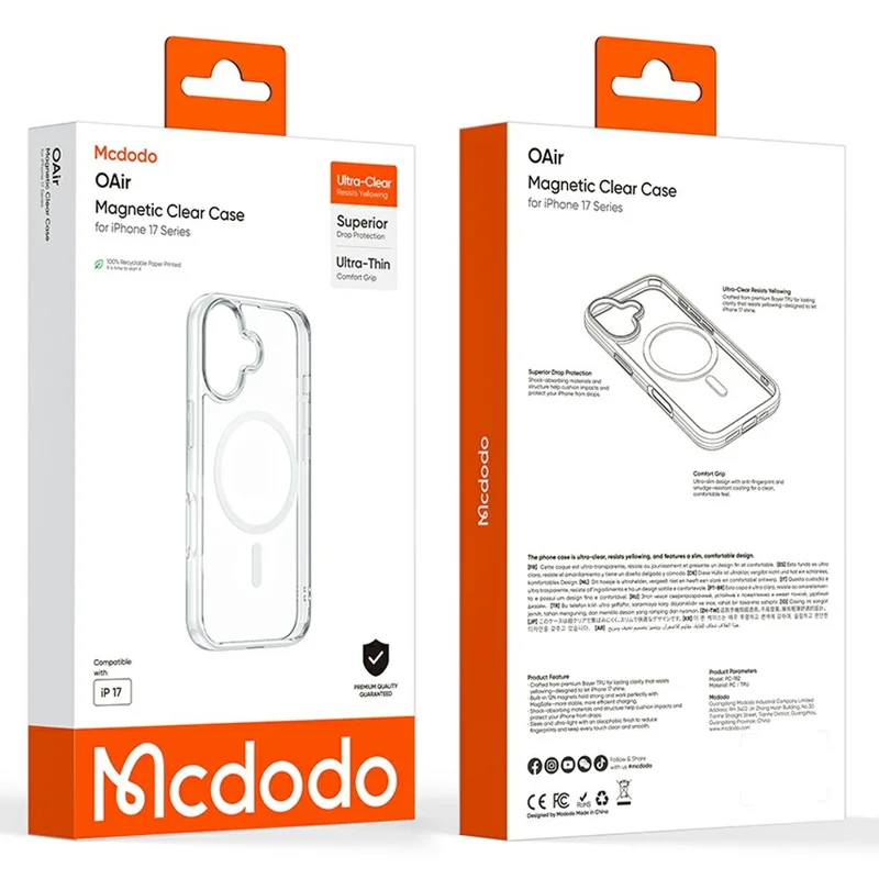 MCDODO PC-1820 for iPhone 17 Magnetic Case PC + TPU Protective Phone Cover - Transparent