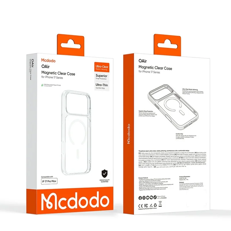 MCDODO PC-1821 for iPhone 17 Pro Magnetic Case PC + TPU Protective Phone Cover - Transparent