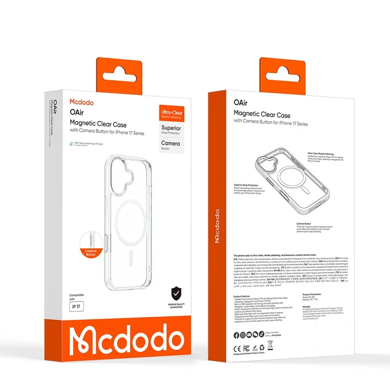 MCDODO PC-1824 for iPhone 17 Magnetic Case with Camera Button Shockproof PC + TPU Phone Cover - Transparent
