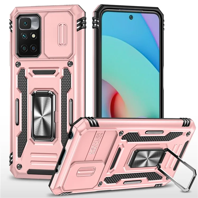 Série Armor pour Xiaomi Redmi 10 4G (2021) / Redmi 10 2022 4G / Redmi Note 11 4G (MediaTek) Coque de téléphone avec support Slide Camera Protection PC + TPU Dual Layar Rugged Cover - Or rose
