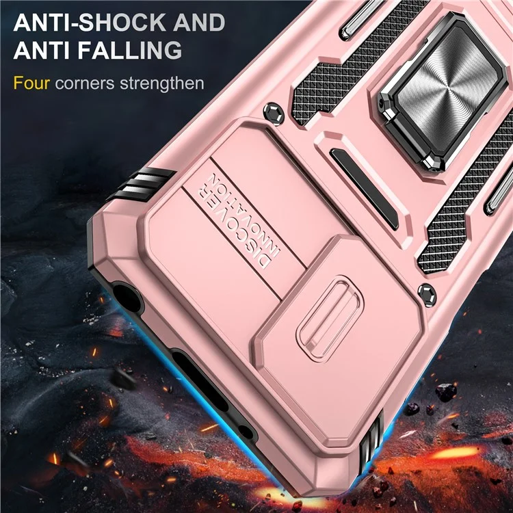 Série Armor pour Xiaomi Redmi 10 4G (2021) / Redmi 10 2022 4G / Redmi Note 11 4G (MediaTek) Coque de téléphone avec support Slide Camera Protection PC + TPU Dual Layar Rugged Cover - Or rose