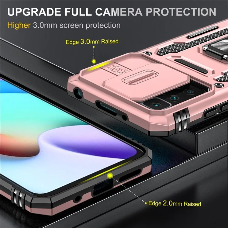 Série Armor pour Xiaomi Redmi 10 4G (2021) / Redmi 10 2022 4G / Redmi Note 11 4G (MediaTek) Coque de téléphone avec support Slide Camera Protection PC + TPU Dual Layar Rugged Cover - Or rose