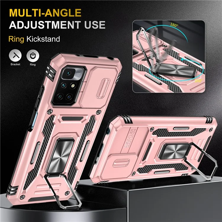 Série Armor pour Xiaomi Redmi 10 4G (2021) / Redmi 10 2022 4G / Redmi Note 11 4G (MediaTek) Coque de téléphone avec support Slide Camera Protection PC + TPU Dual Layar Rugged Cover - Or rose