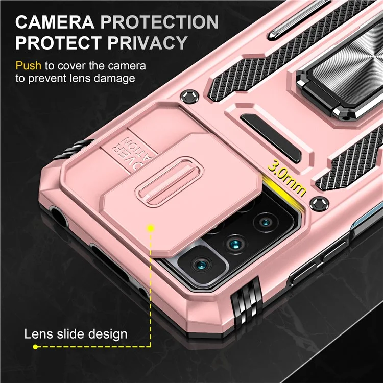 Série Armor pour Xiaomi Redmi 10 4G (2021) / Redmi 10 2022 4G / Redmi Note 11 4G (MediaTek) Coque de téléphone avec support Slide Camera Protection PC + TPU Dual Layar Rugged Cover - Or rose