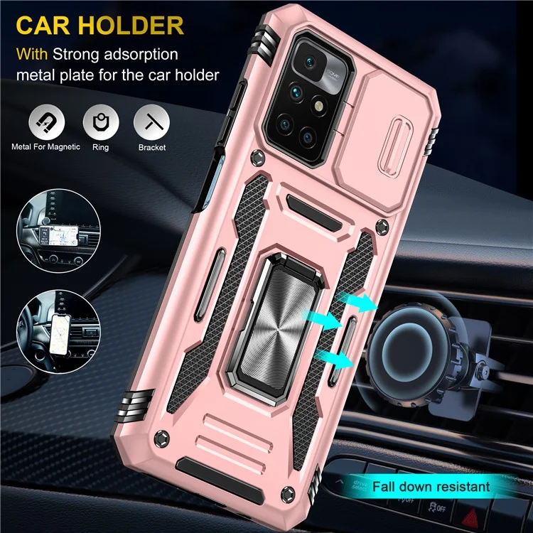 Série Armor pour Xiaomi Redmi 10 4G (2021) / Redmi 10 2022 4G / Redmi Note 11 4G (MediaTek) Coque de téléphone avec support Slide Camera Protection PC + TPU Dual Layar Rugged Cover - Or rose