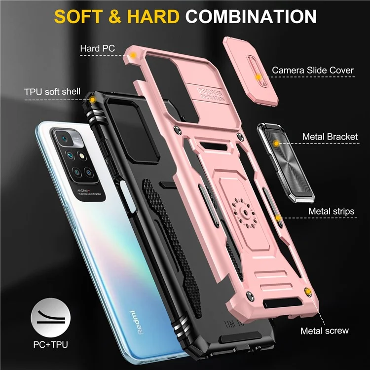 Série Armor pour Xiaomi Redmi 10 4G (2021) / Redmi 10 2022 4G / Redmi Note 11 4G (MediaTek) Coque de téléphone avec support Slide Camera Protection PC + TPU Dual Layar Rugged Cover - Or rose