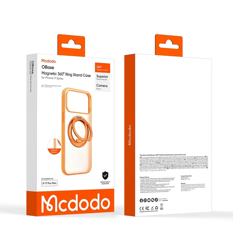 MCDODO PC-1874 for iPhone 17 Pro Magnetic Case 360° Ring Kickstand PC + TPU Phone Cover - Orange