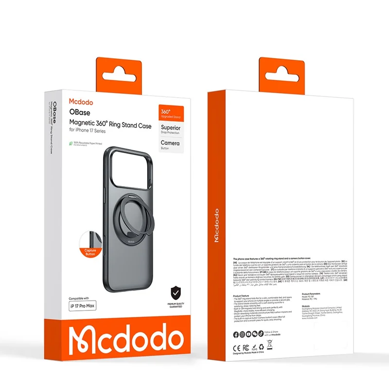 MCDODO PC-1872 for iPhone 17 Pro Max Magnetic Case 360° Ring Kickstand PC + TPU Phone Cover - Black