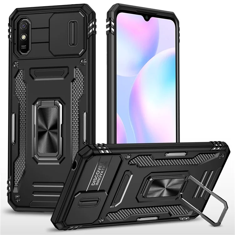 Серия Armor для Xiaomi Redmi 9A Хорошо защищенный Slide Camera Protector Kickstand Phone Case PC + TPU Protective Cover - Черный