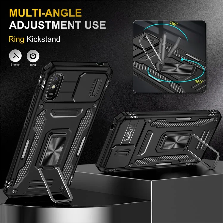 Серия Armor для Xiaomi Redmi 9A Хорошо защищенный Slide Camera Protector Kickstand Phone Case PC + TPU Protective Cover - Черный