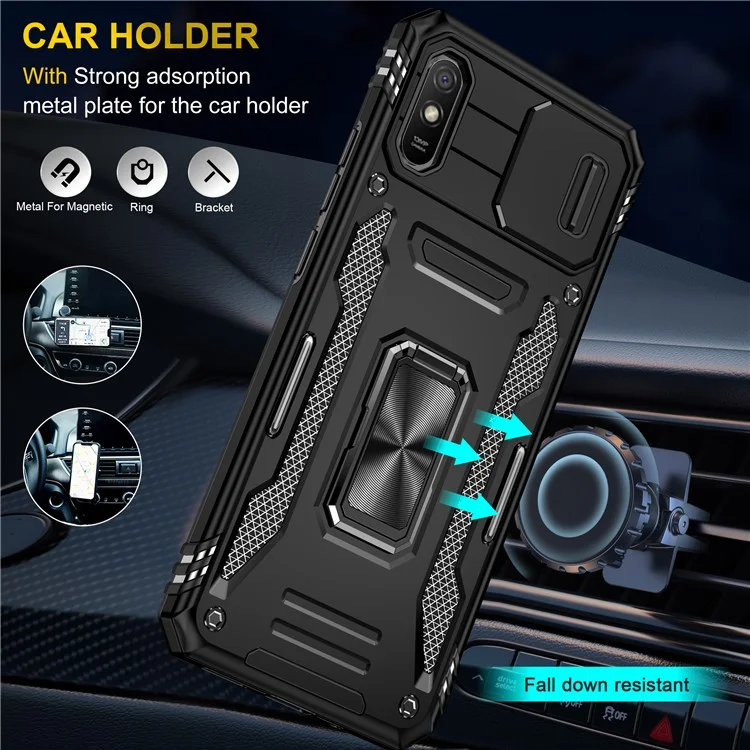 Серия Armor для Xiaomi Redmi 9A Хорошо защищенный Slide Camera Protector Kickstand Phone Case PC + TPU Protective Cover - Черный