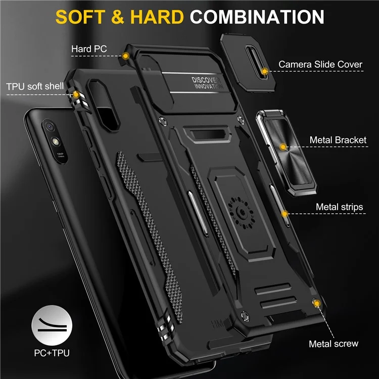 Серия Armor для Xiaomi Redmi 9A Хорошо защищенный Slide Camera Protector Kickstand Phone Case PC + TPU Protective Cover - Черный
