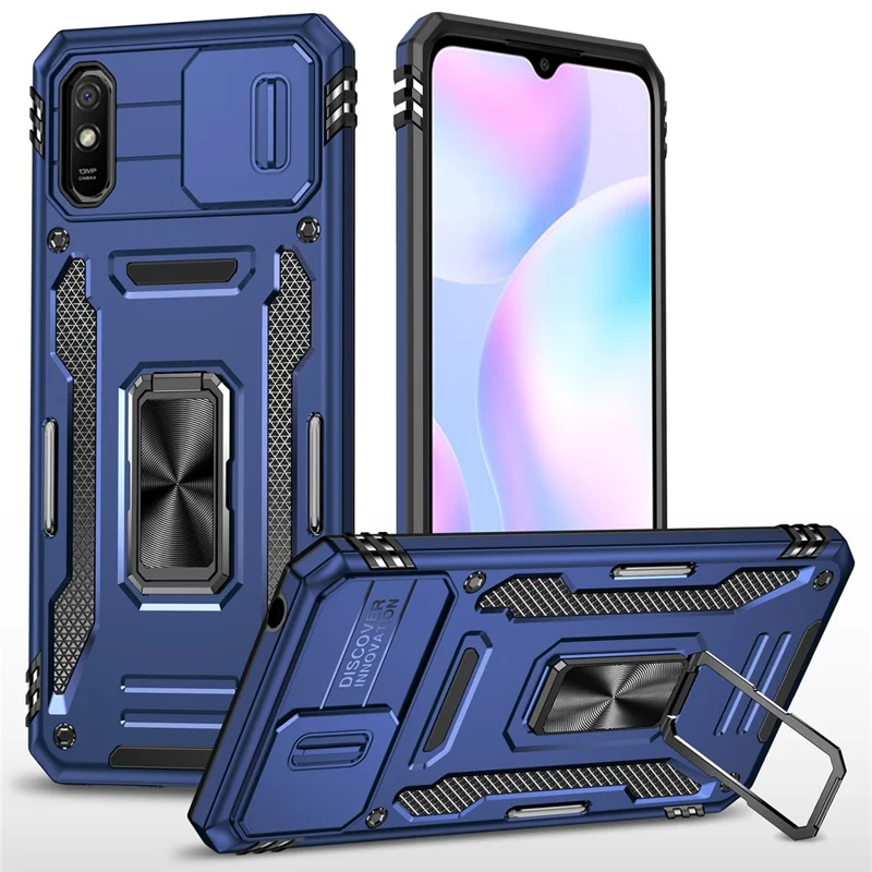 Armor Series for Xiaomi Redmi 9A Well-protected Slide Camera Protector Kickstand Phone Case PC + TPU Protective Cover - Navy Blue