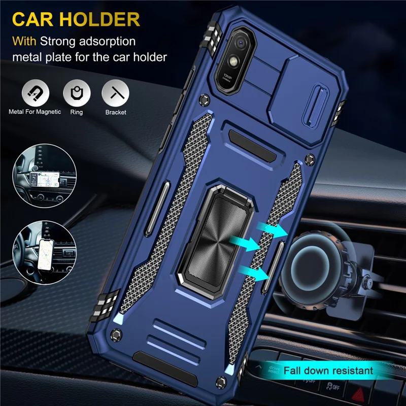 Armor Series for Xiaomi Redmi 9A Well-protected Slide Camera Protector Kickstand Phone Case PC + TPU Protective Cover - Navy Blue