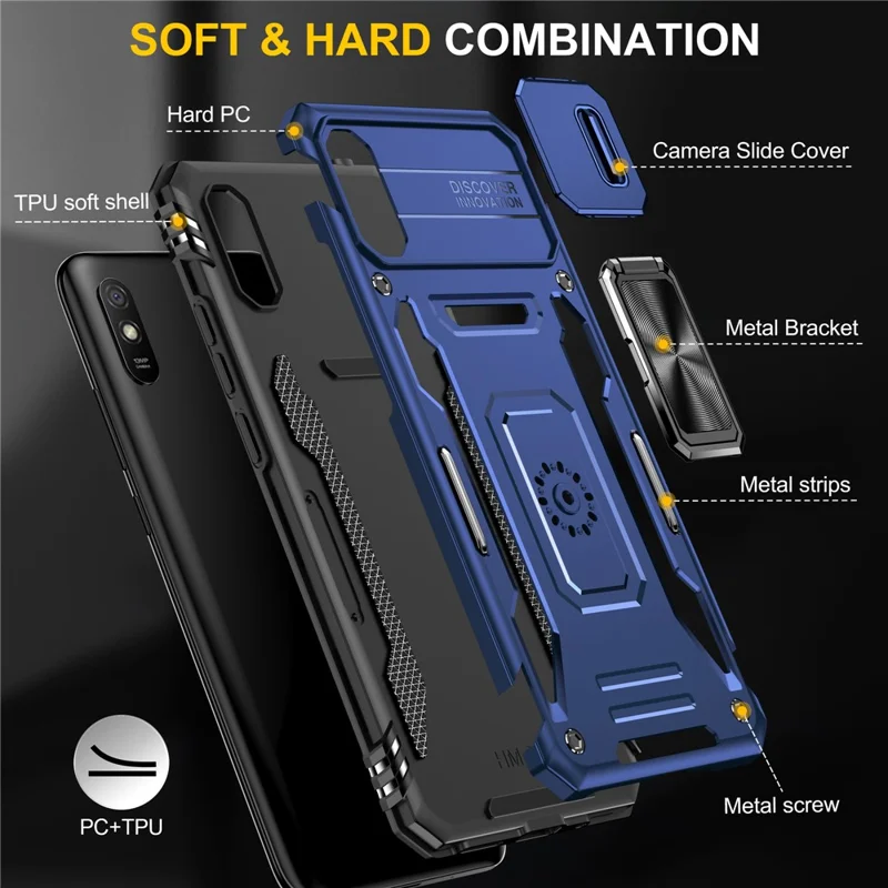 Armor Series for Xiaomi Redmi 9A Well-protected Slide Camera Protector Kickstand Phone Case PC + TPU Protective Cover - Navy Blue