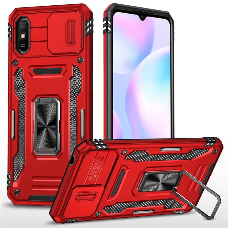 Armor Series for Xiaomi Redmi 9A Well-protected Slide Camera Protector Kickstand Phone Case PC + TPU Protective Cover - Red