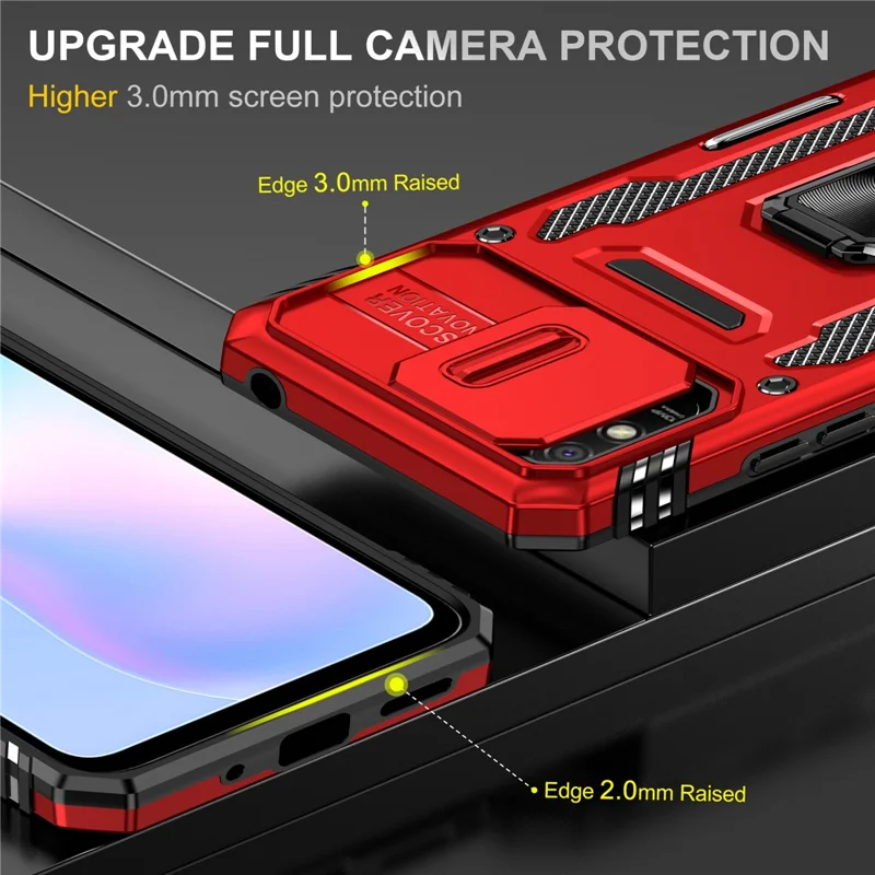 Armor Series for Xiaomi Redmi 9A Well-protected Slide Camera Protector Kickstand Phone Case PC + TPU Protective Cover - Red