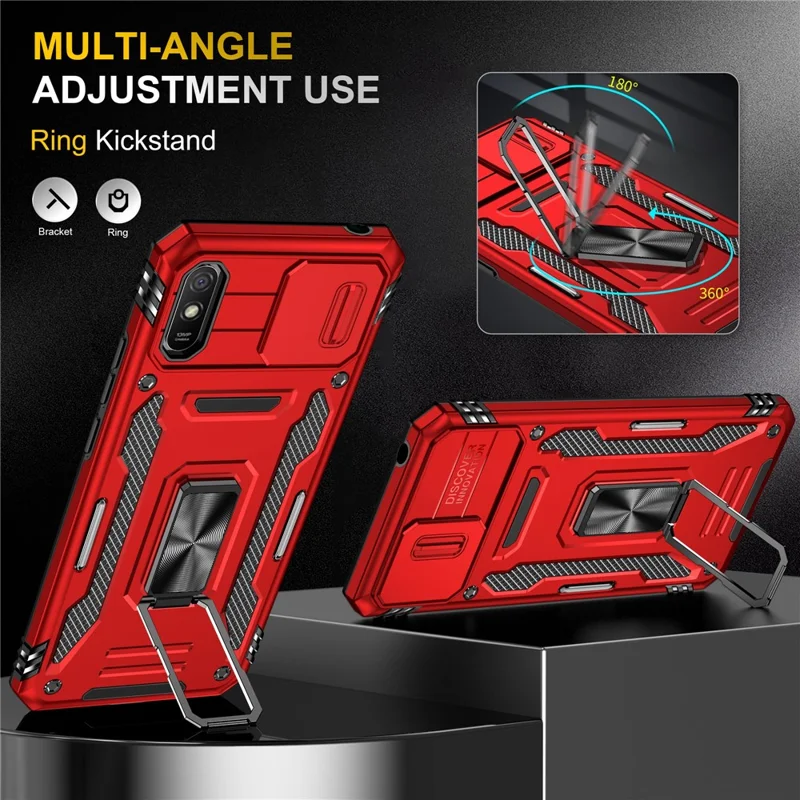 Armor Series for Xiaomi Redmi 9A Well-protected Slide Camera Protector Kickstand Phone Case PC + TPU Protective Cover - Red