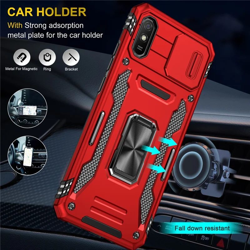 Armor Series for Xiaomi Redmi 9A Well-protected Slide Camera Protector Kickstand Phone Case PC + TPU Protective Cover - Red