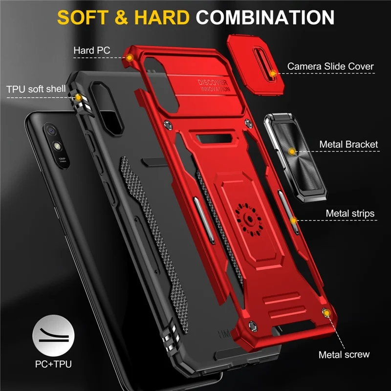 Armor Series for Xiaomi Redmi 9A Well-protected Slide Camera Protector Kickstand Phone Case PC + TPU Protective Cover - Red