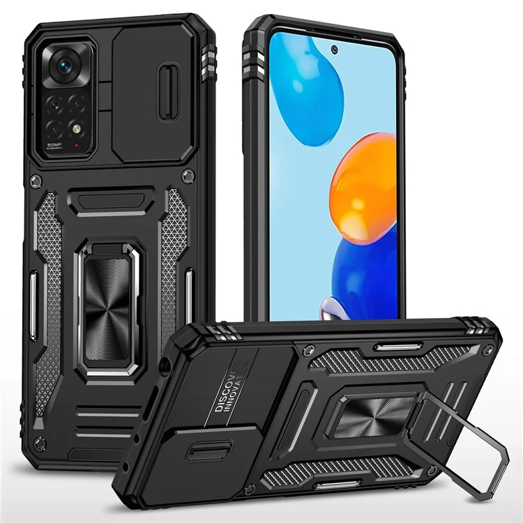 Serie Armor para Xiaomi Redmi Note 12 Pro 4G / 11 Pro 4G (MediaTek) / Note 11 Pro 5G (Qualcomm) Funda Protectora de Cámara Deslizante con Soporte Integrado Cubierta Resistente al Impacto de PC + TPU - Negro