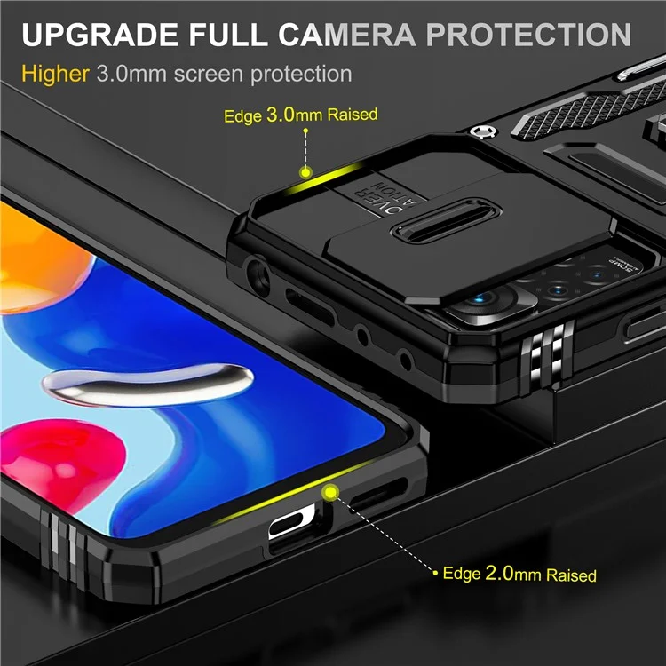 Serie Armor para Xiaomi Redmi Note 12 Pro 4G / 11 Pro 4G (MediaTek) / Note 11 Pro 5G (Qualcomm) Funda Protectora de Cámara Deslizante con Soporte Integrado Cubierta Resistente al Impacto de PC + TPU - Negro