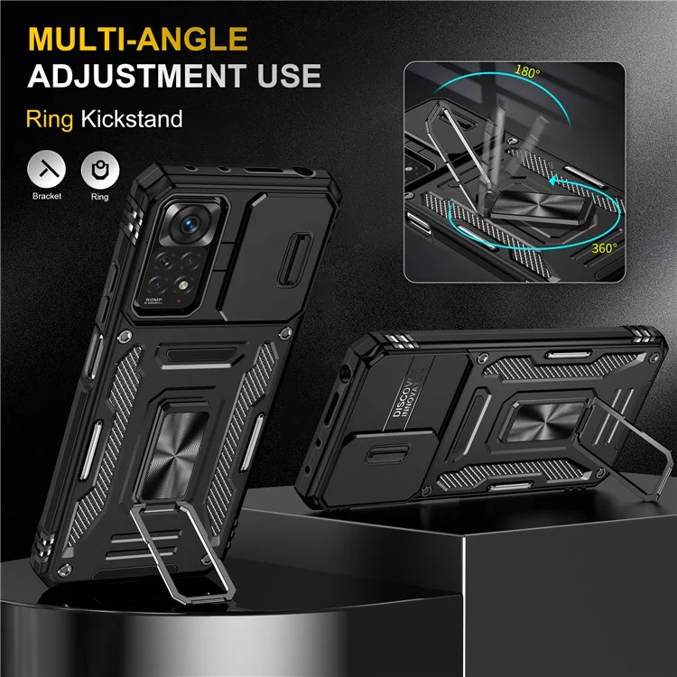 Serie Armor para Xiaomi Redmi Note 12 Pro 4G / 11 Pro 4G (MediaTek) / Note 11 Pro 5G (Qualcomm) Funda Protectora de Cámara Deslizante con Soporte Integrado Cubierta Resistente al Impacto de PC + TPU - Negro