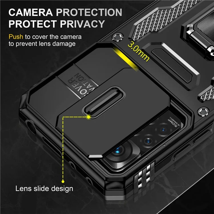 Serie Armor para Xiaomi Redmi Note 12 Pro 4G / 11 Pro 4G (MediaTek) / Note 11 Pro 5G (Qualcomm) Funda Protectora de Cámara Deslizante con Soporte Integrado Cubierta Resistente al Impacto de PC + TPU - Negro