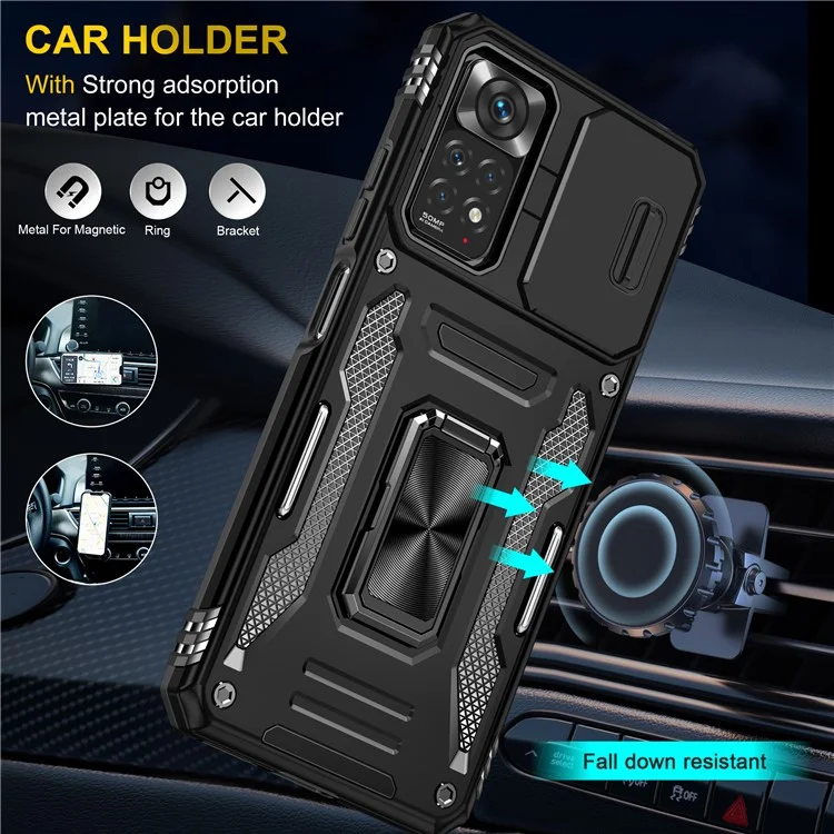 Serie Armor para Xiaomi Redmi Note 12 Pro 4G / 11 Pro 4G (MediaTek) / Note 11 Pro 5G (Qualcomm) Funda Protectora de Cámara Deslizante con Soporte Integrado Cubierta Resistente al Impacto de PC + TPU - Negro